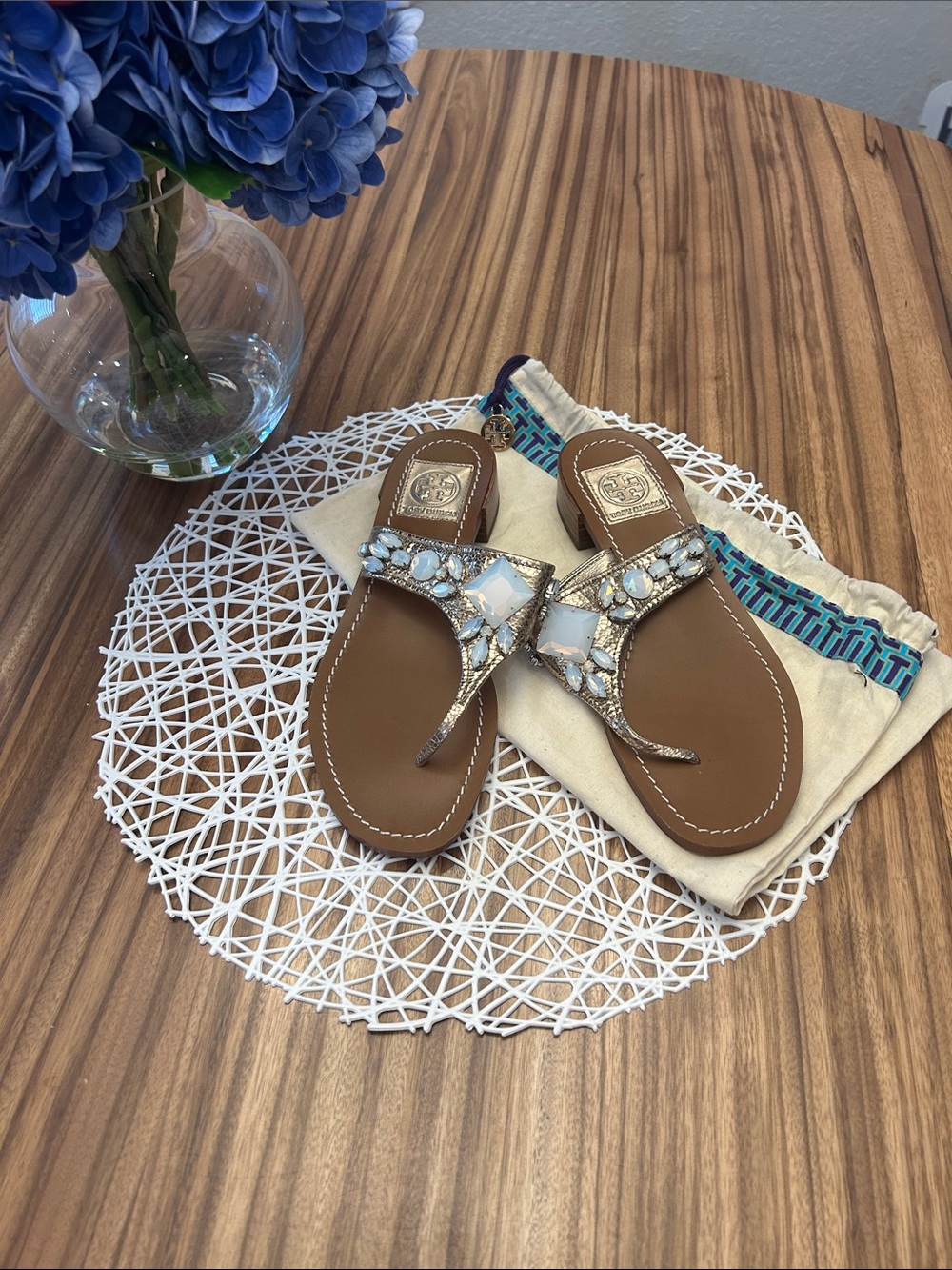 Tory Burch Brown Leather Thong Sandals with Crystal Accents